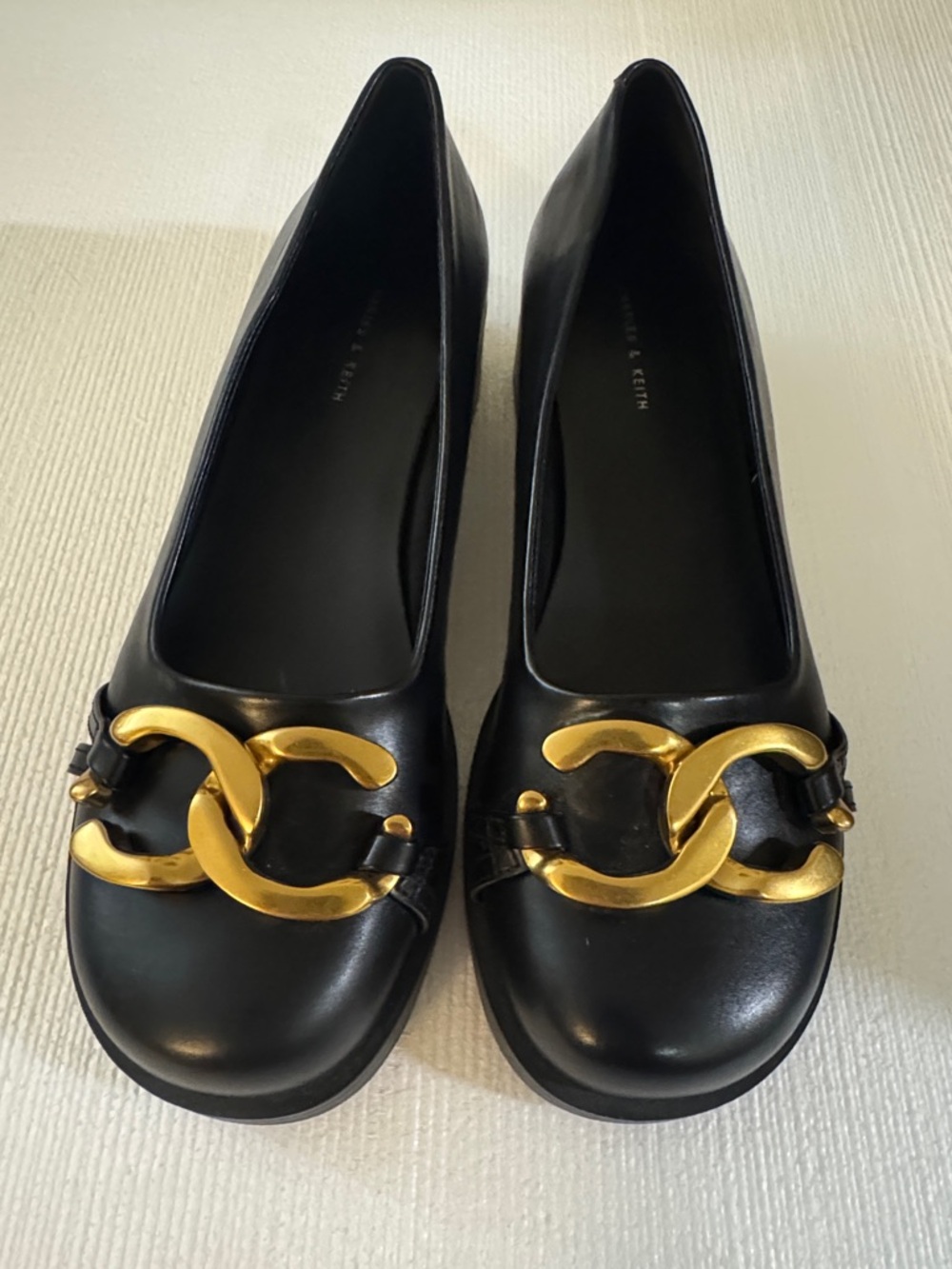 Charles & Keith Black Flats with Gold Chain Detail